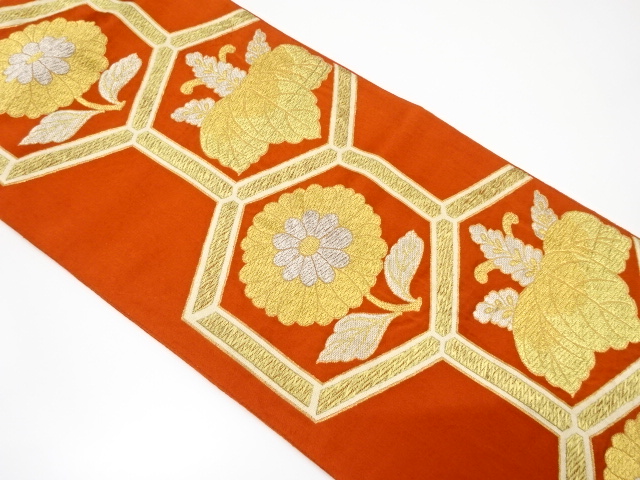 アンティーク　亀甲に桐・菊模様織り出し袋帯（着用可）